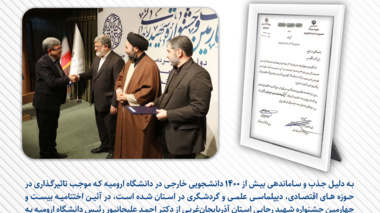 تقدیر از دانشگاه ارومیه در حوزه «تسهیل گری در ارائه خدمات و جذب سرمایه خارجی» در بیست و چهارمین جشنواره شهید رجایی استان آذربایجان غربی